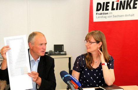 Foto: MdLs Thomas Lippmann und Eva von Angern auf der Pressekonferenz